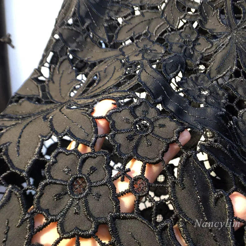 European Black Lace Denim Pants, 2025 Summer New Heavy Industry Beads Hot Diamond Denim Splicing Crochet Hollow Lace Jeans Women