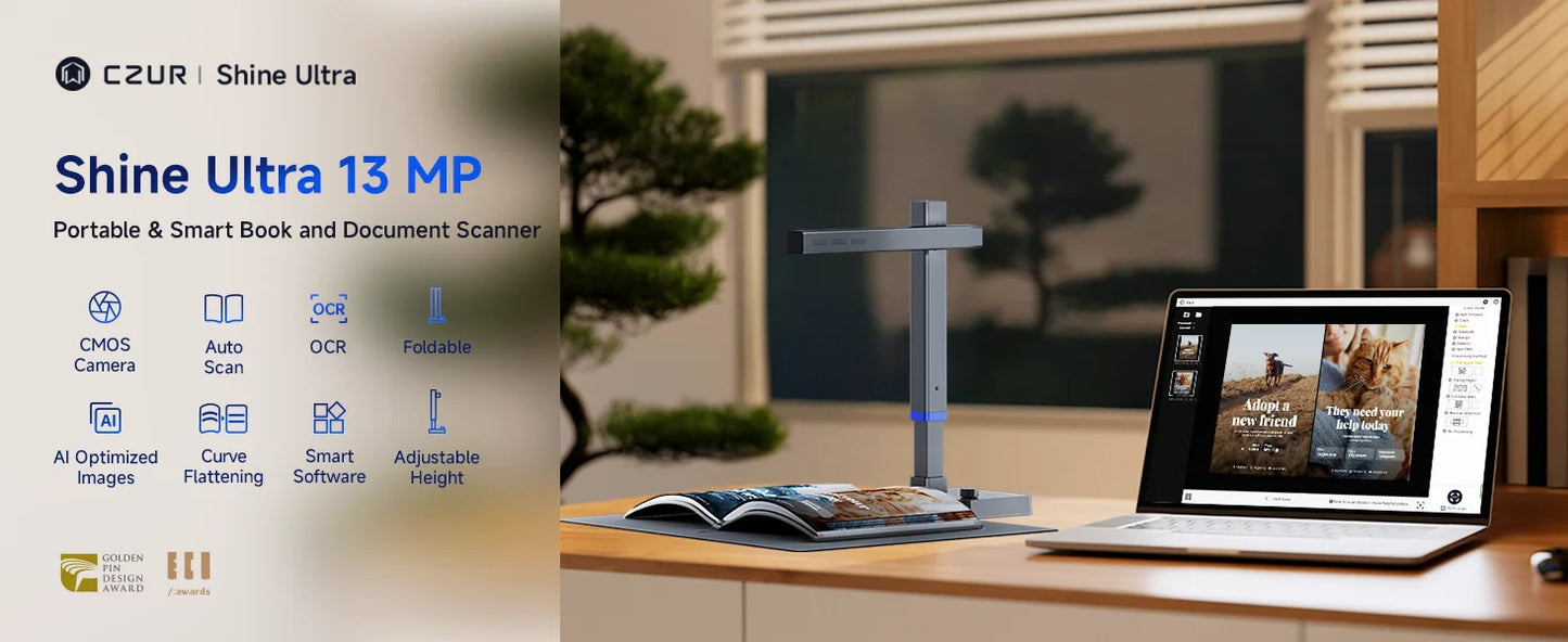 CZUR Shine Ultra Portable 13MP Book Scanner Flatten Curve Technology Capture Max A3 Document Fast Scan for Office Library School