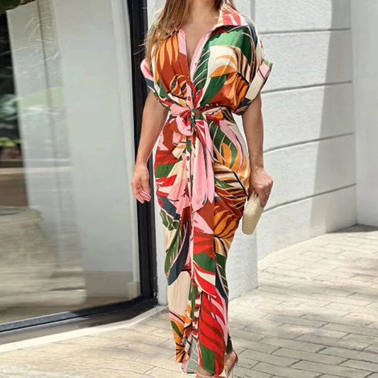 Elegant Office Dress Women Short Sleeve High Waist Lace-Up Long Dresses Chic Solid Button-up Draped Shirt Floral Print Vestido