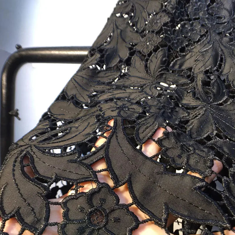 European Black Lace Denim Pants, 2025 Summer New Heavy Industry Beads Hot Diamond Denim Splicing Crochet Hollow Lace Jeans Women