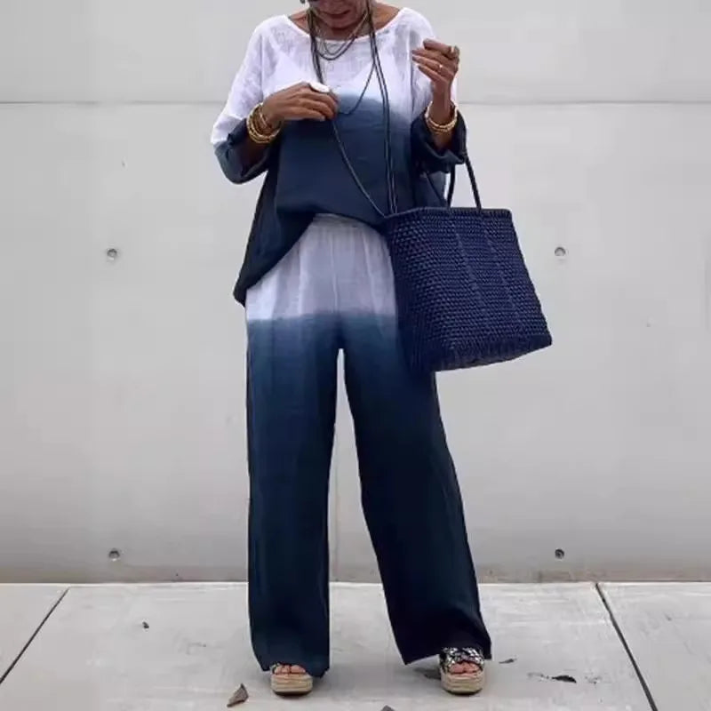 Gradient Cotton And Linen 2 Piece Sets Women Outfit For Women Summer Fashion Pocket Pant Sets Casual Loose Pullover Shirt Suit