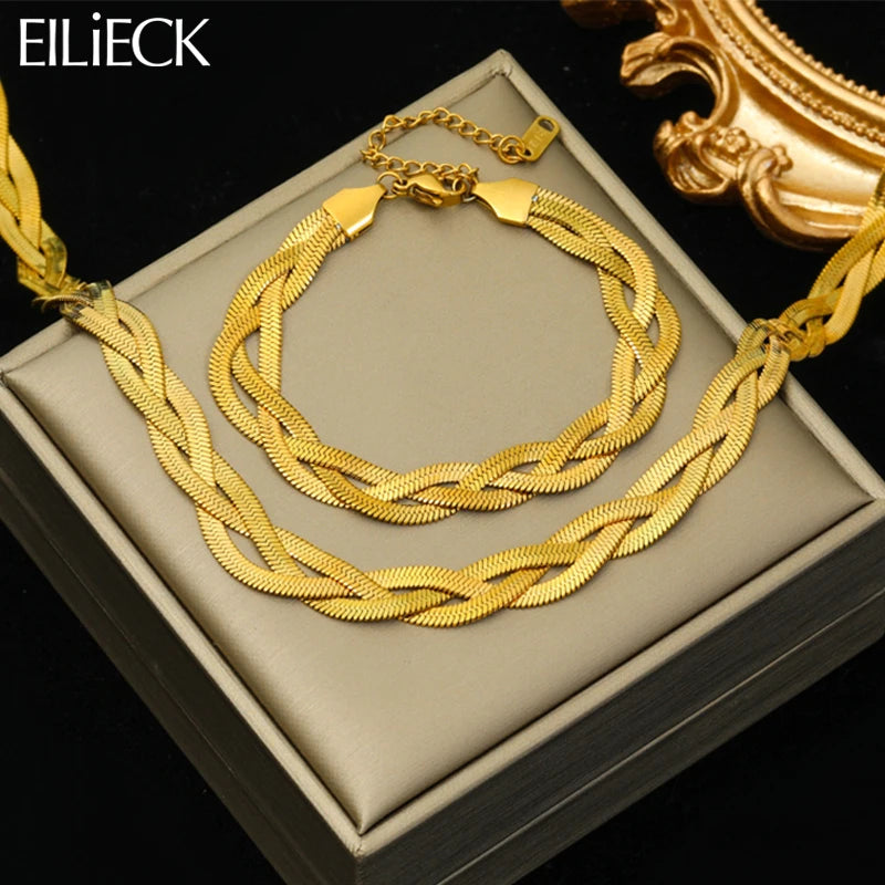 EILIECK 316L Stainless Steel Gold Color 3 Chains Crossing Necklace Bracelet for Women Fashion Waterproof Chain Jewelry Set Gift