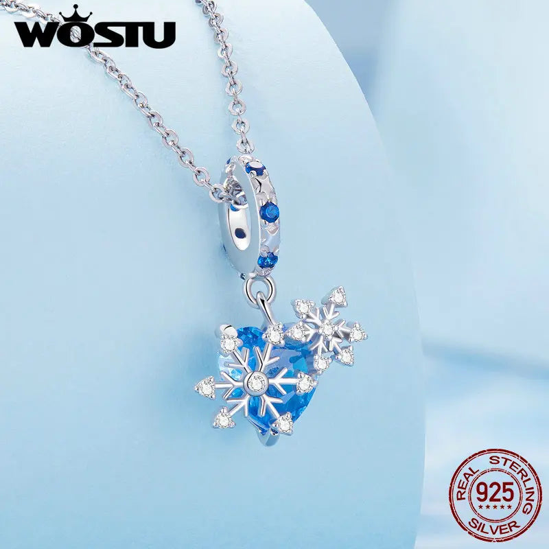 WOSTU 925 Sterling Silver Snowflake Butterfly Charms Blue Crystal Crown Beads Fit DIY Bracelet Necklace Gift Winter Ice Kingdom