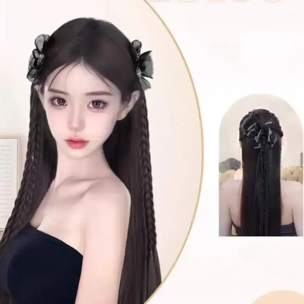 Y2K Girls Bowknot Twisted Braided Synthetic Wig Simulation Double Ponytail Women Extensions