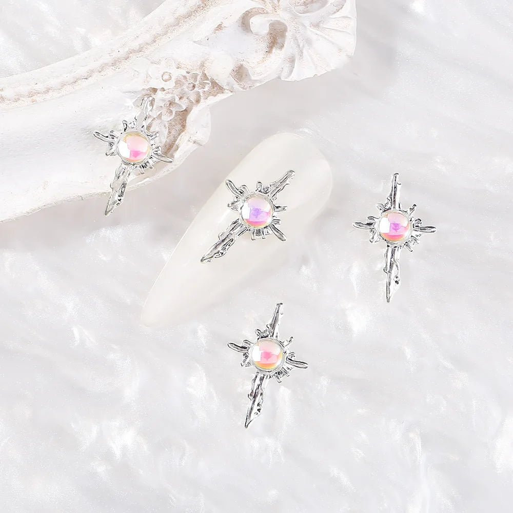 10pcs Round Zircon Nail Rhinestones 3D Candy Jelly Aurora Gem On Tips Gold/Silver Cross Nail Decor Parts DIY Luxury Nail Parts