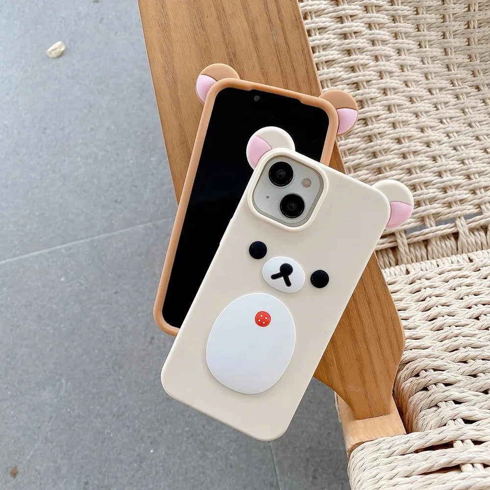 Fashion Cute 3D Cartoon Rilakkuma Bear Soft Silicone Phone Case Back Cover for iPhone 11 12 13 14 15 16 Pro Max