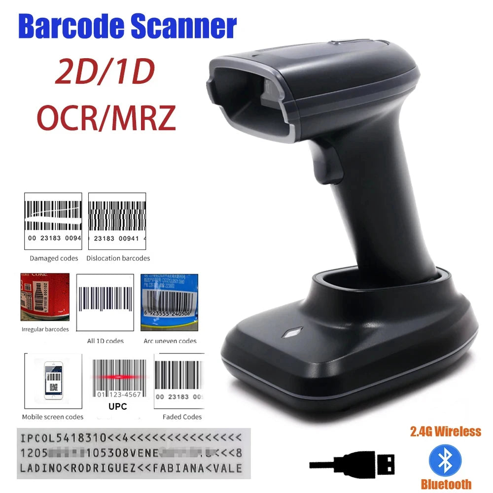 2D/1D OCR Barcode Scanner Handheld Portable Wired/Wireless Bluetooth With Base MRZ PDF417 Data Matrix for Passport Identity Card