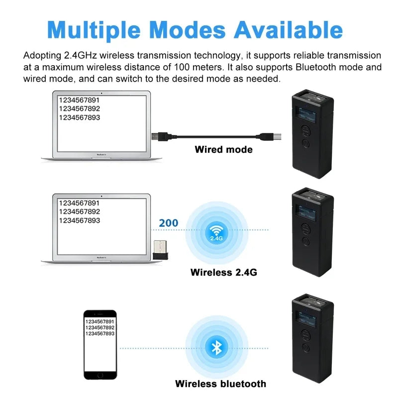 Bluetooth Mini Barcode Scanner 1D/2D 2.4G Bluetooth Wireless Bar Code Scanner Android IOS Windows USB Scanners Laser Reader
