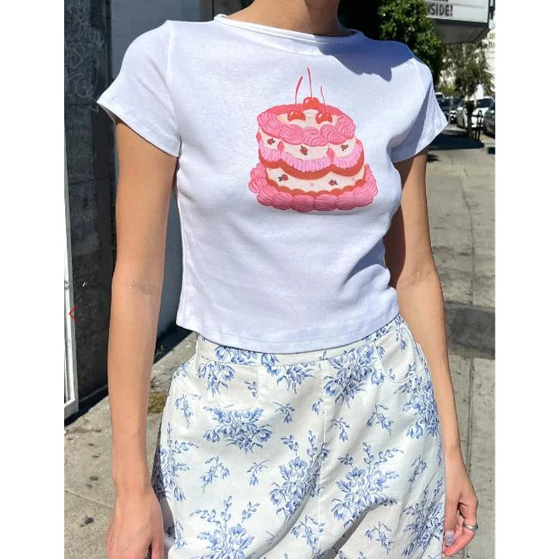 Xingqing 2000s Crop Top y2k Kawaii Clothes Women Solid Color/Pattern Print Round Neck Short Sleeve T Shirt Aesthetic Clothing