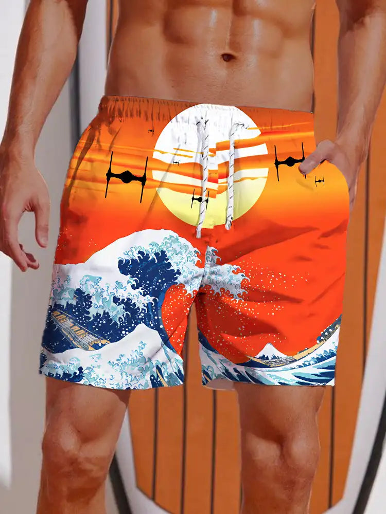3D Printed Ukiyo-E Giant Fierce Shark And Cruise Ship Printing Shorts Men's Board Shorts Swim Trunks Drawstring Breathable Short