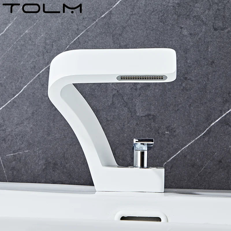 TOLM Chrome White Basin Faucet Deck Mounted Waterfall Bathroom Vessel Sink Mixer Tap Single Handle Hot Cold Water Tap