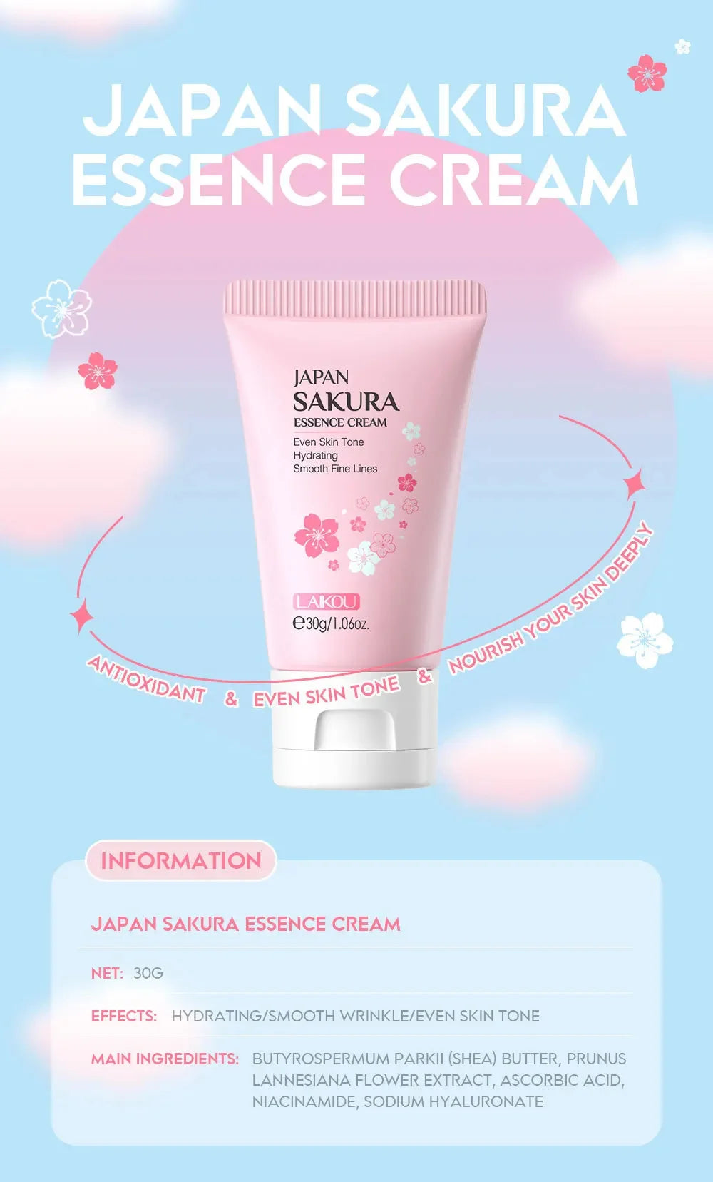 Sakura Whitening Essence Face Cream Anti-Aging Moisturizer Wrinkle Remover Remove Dark Spots Shrink Pore Brighten Glow Skin Care