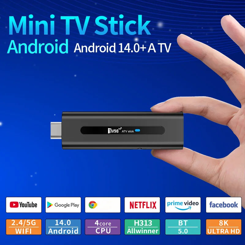 TV98 ATV 8K Smart TV Stick Android 14 ATV Allwinner H313 2.4G 5G Wifi Support OTA 4K Player BT5.0 2GB 16GB Voice remote TV Box