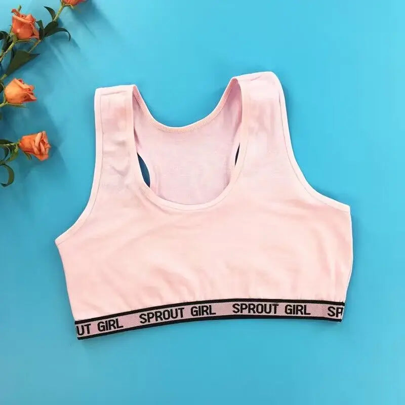 Girl Cotton Sport Training Bra Cartoon Smiley Print Print Solid Color Wide Strap Underwear Bralette Seamless Crop Top 8-16Y