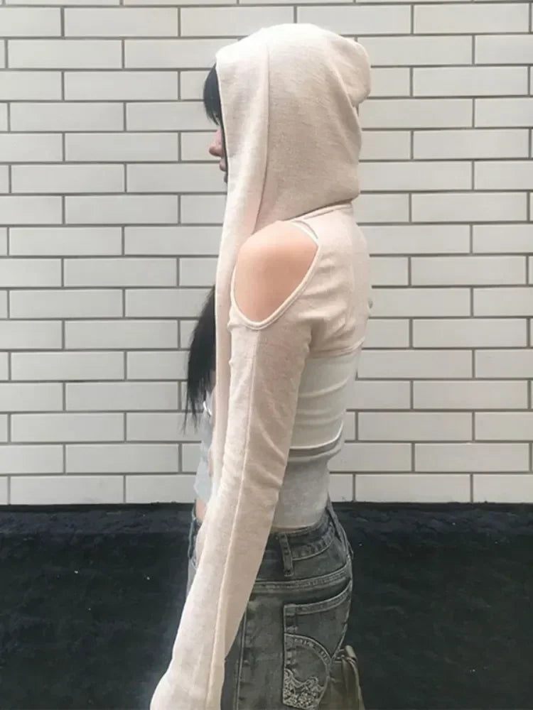 2024 Long Sleeve Hooded T-shirts Off Shoulder Sexy Harajuku Tshirts Women Y2k Aesthetic Grunge Streetwear Crop Top Thin Cardigan