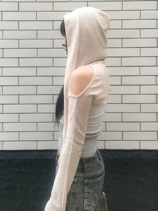 2024 Long Sleeve Hooded T-shirts Off Shoulder Sexy Harajuku Tshirts Women Y2k Aesthetic Grunge Streetwear Crop Top Thin Cardigan