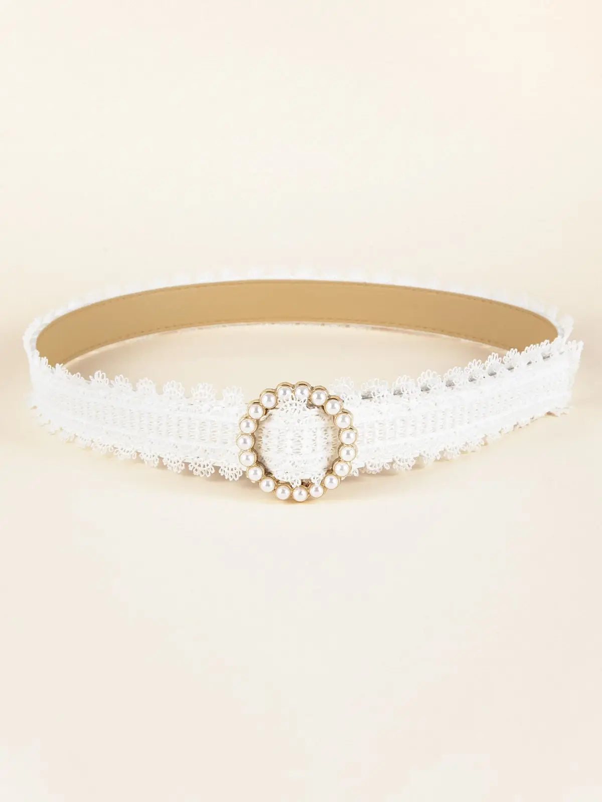 Women's White Elegant Pearl Metal Buckle Lace PU Leather Casual Belt Jeans Versatile Decorative Belt