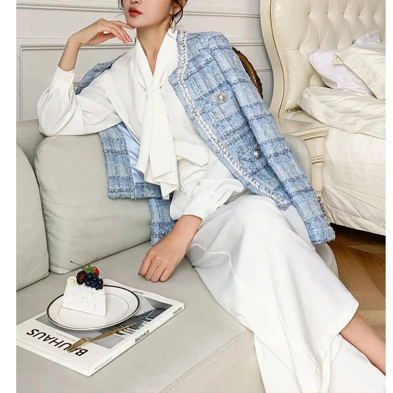 Women' Small fragrance Temperament plaid Coat 2024 Autumn New lady style long-sleeved tassel tweed coat high-end Ladies Jacket