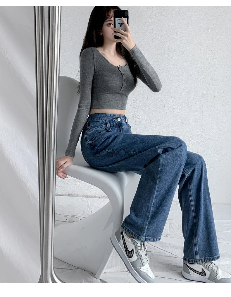 ZOENOVA Y2K 2023 Women Clothing Cross Waist Straight Wide Leg Pants Chic Korean Casual Commuting Style Baggy Streetwear Jeans