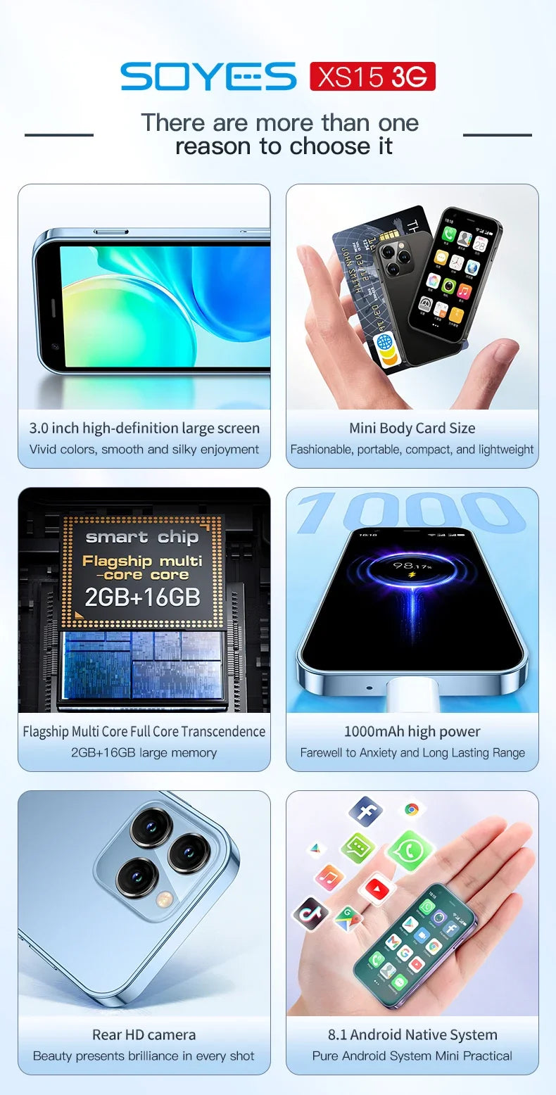 SOYES XS15 Ultra-thin 3.0Inch Small Phone 2GB+16GB Android 8.1 Dual SIM Standby 3G Mini Smartphone 1000mAh Wifi GPS Mobile Phone