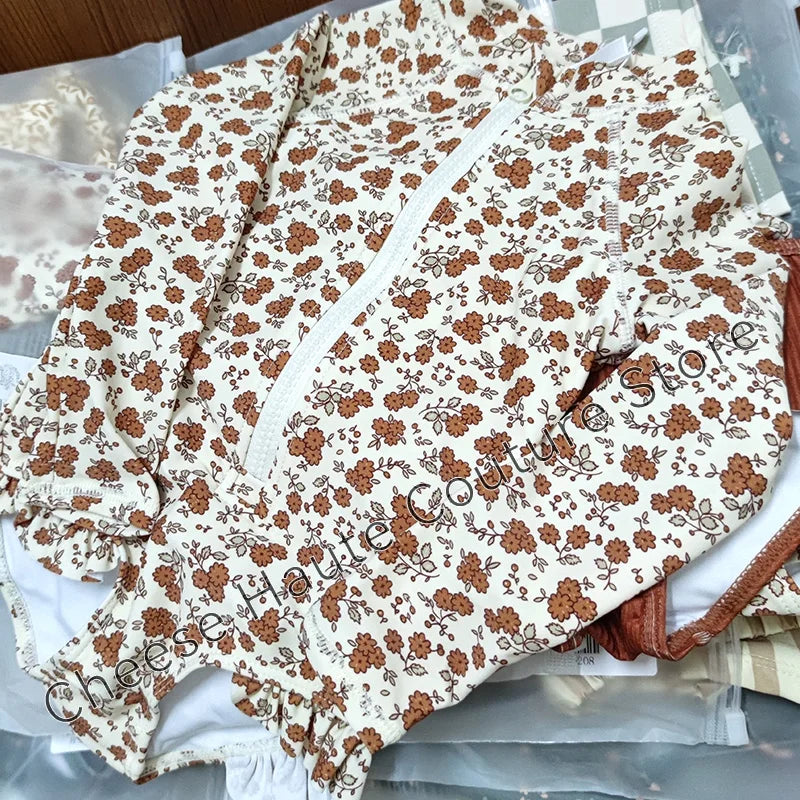 RC Baby Girls Swimwears 1-12y Kids Long Sleeve Sunscreen Floral Toddler Swimming Swimsuit Striped Bikini Suits 2022 Hot Clothes