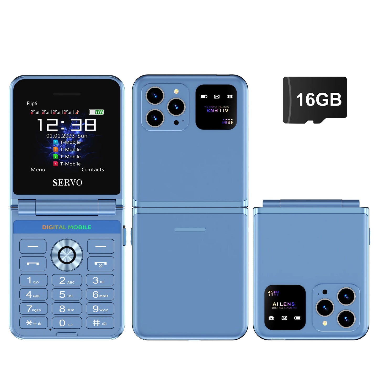 SERVO Flip6 GSM Fold Mobile Phone 4 SIM Card 2.4'' Screen Auto Call Record Button Torch Speed Dial Magic Voice Popular Cellphone