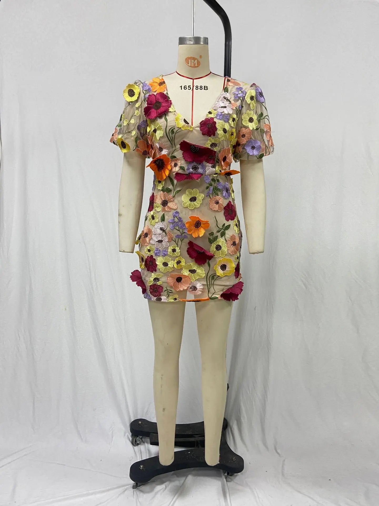 Brand Design Summer Holiday 3D Flower Sexy Embroidered Prom Dress Party Women Short Sleeve V Neck Mini Vestidos Lace Tulle Robe