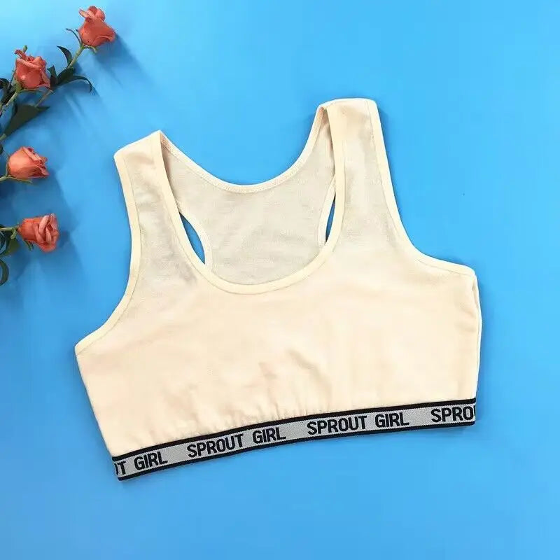 Girl Cotton Sport Training Bra Cartoon Smiley Print Print Solid Color Wide Strap Underwear Bralette Seamless Crop Top 8-16Y