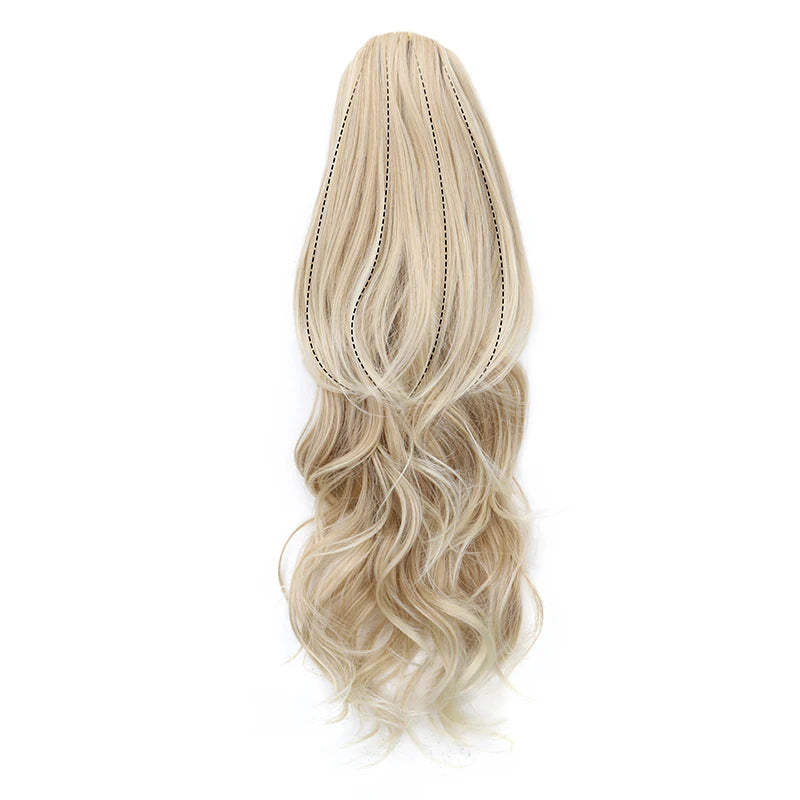 Synthetic 22Inch Long Wavy Curly Layered Ponytail Drawstring Clip in Hairpiece Black Blonde Hair for Women