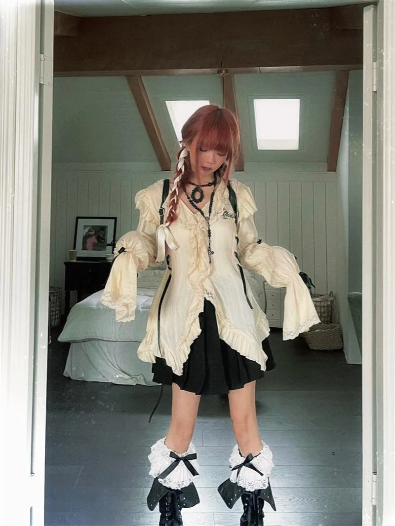 Japanese Gothic Harajuku Solid Sweet Bow Appliques Blouses Fashion V Neck Long Sleeve High Street Clothing Y2k Aesthetic Tee