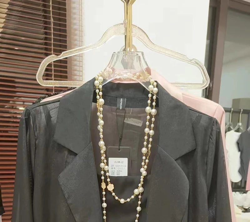 MEXZT Elegant Sheer Shirts Women Black Bandage Long Sleeve Blouses Summer Office Ladies Blazer Korean Fashion Sunscreen Tops New