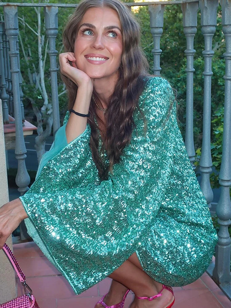 Y2K Sequins Hollow Out Mini Dress For Women Sexy Long Flare Sleeve Deep V-neck Short Dress 2024 Fashion Evening Party Vestidos