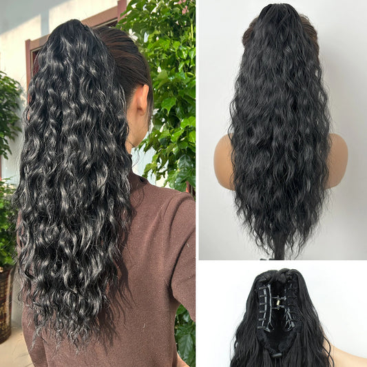 Synthetic Long Wavy Claw Clip Ponytail Extension Black Brown 18" Curly Pony Tail for Women Daily Use Fluffy Natural Looking