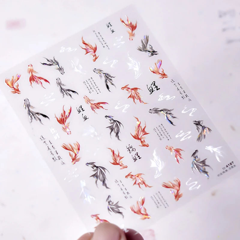 Chinese Koi Goldfish Carp Red White Black Fish Lotus Flower Dolphin Mermaid Summer Soft Reliefs Nail Art Stickers Manicure Decal