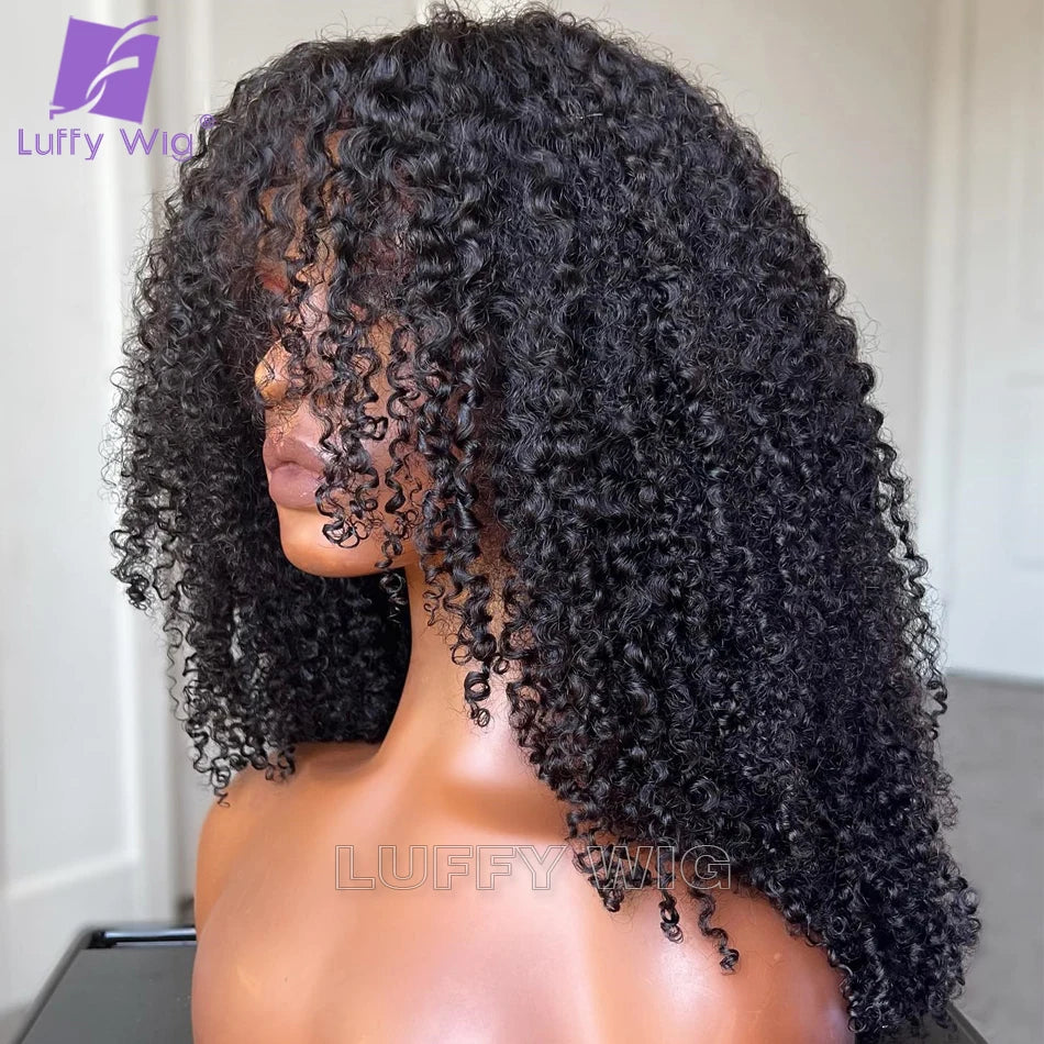 Afro Kinky Curly Wig with Bangs Human Hair Full Machine Made Scalp Top Wig Remy Brazilian Glueless Afro Curly Wig 200 Density