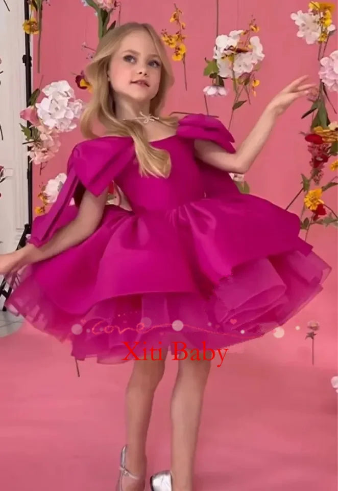 Hot Pink Glitter Lush Girl Party Dresses Elegant Fluffy Girl Princess Dress Shiny Pearls luxurious Birthday Wedding Dress Girl