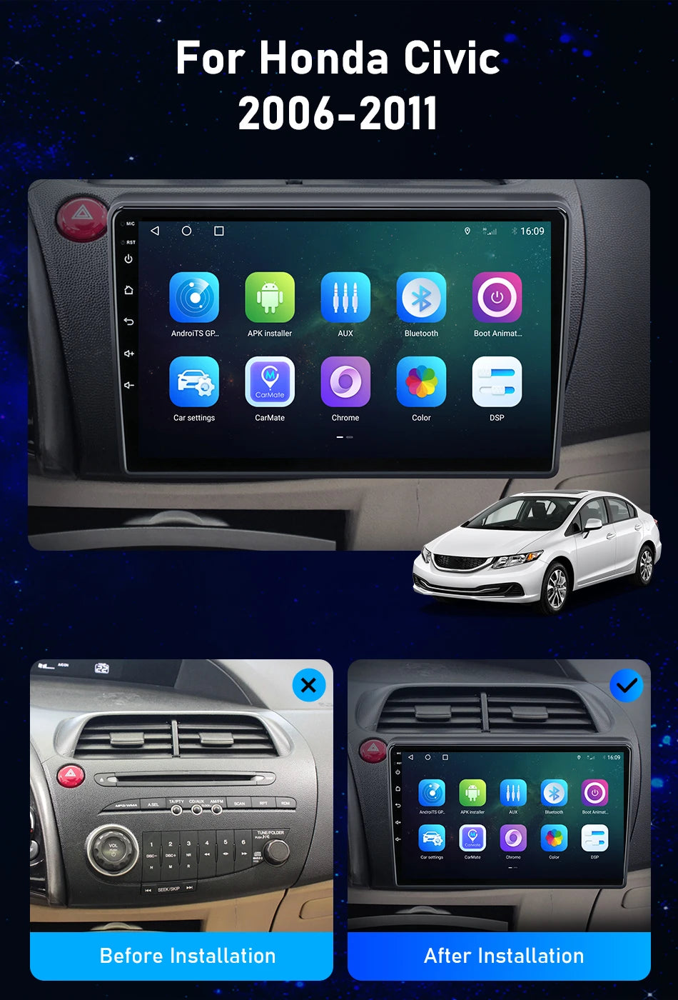 For Honda Civic Hatchback 2006-2011 Android 12 Car Radio Multimedia Video Navigation 2 Din Stereo DVD Head Unit Speaker Carplay