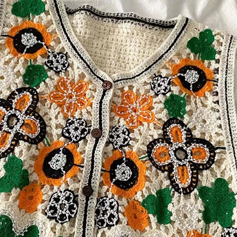 Women Hollow Crochet Knit Vest Waistcoat Beaded Embroidery Colorful Floral Sleeveless Cardigan for Jacket Button Crop To