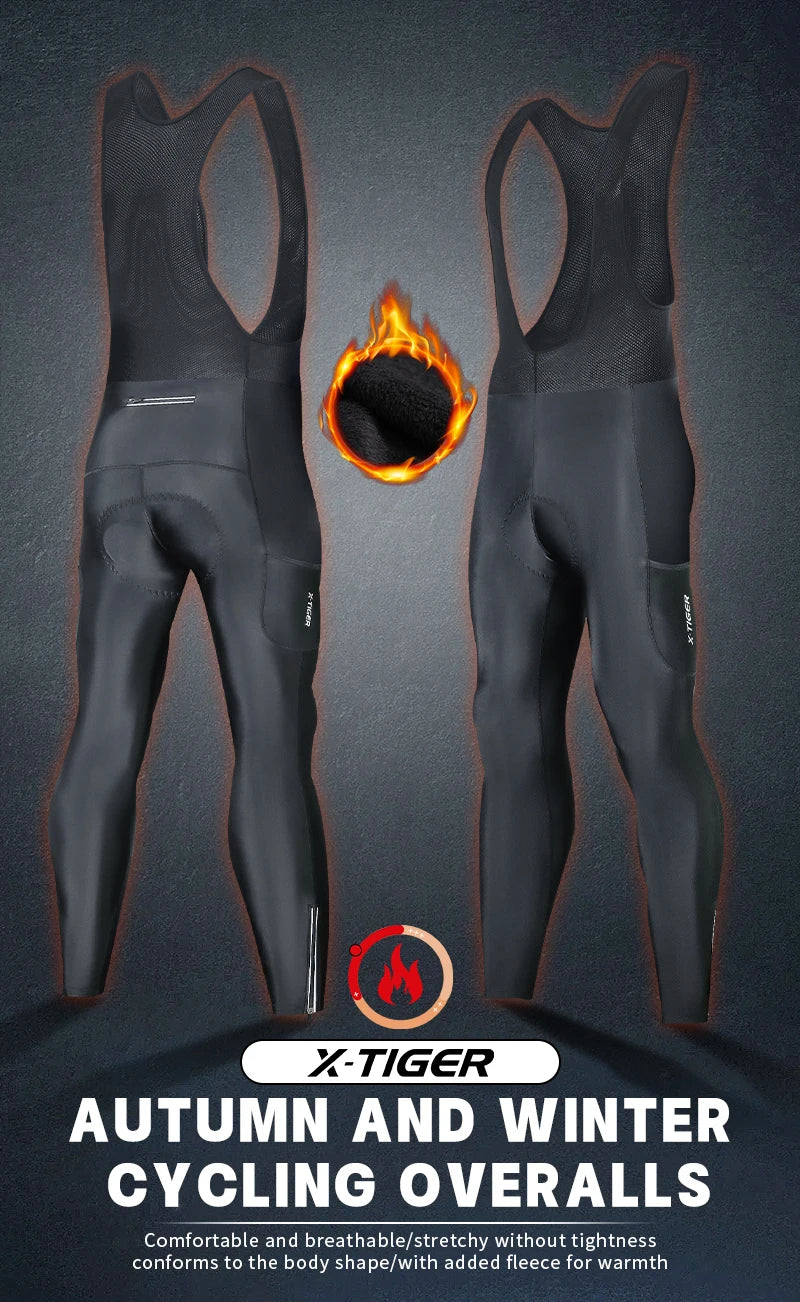 X-TIGER Autumn and winter warm windproof fleece cycling trousers 0-15 degrees bib men's trousers road bike cycling