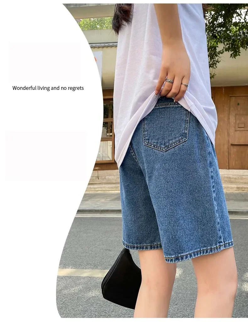 Korean Style Classic Denim Shorts Women Summer Blue High Waisted Shorts Wide Leg Pants Streetwear Stright Jeans Womens Shorts