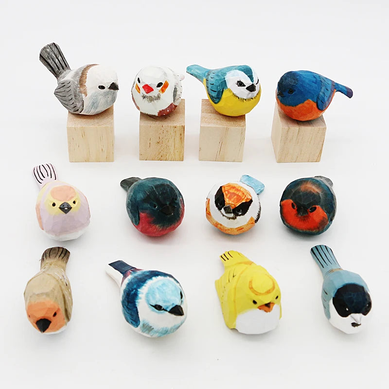 Cute Wooden Bird Figurine Ornaments Painted Hand Carved Wood Birds Statue Carving Animals Miniature Crafts Table Decorate Gifts