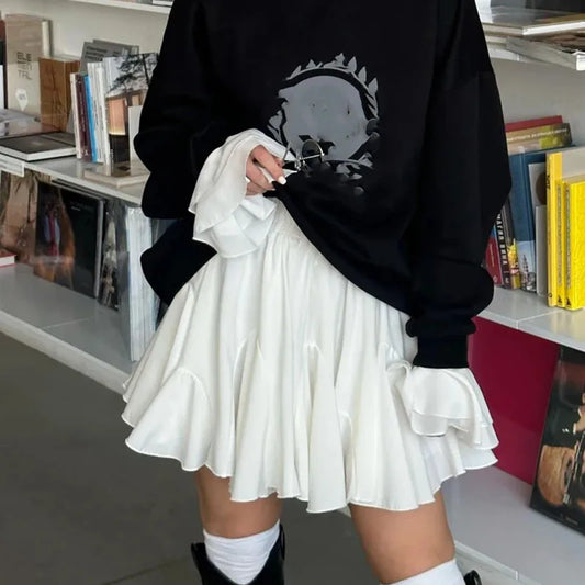 Fashion Mini Skirt A Line High Waist  Sexy Cute Ruffle Vintage Tennis Skirt Black Elastic Waist Solid Women Short Skirts For