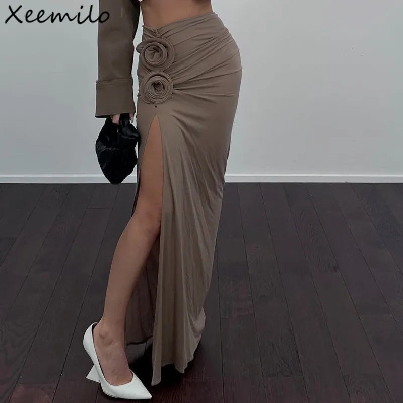 Xeemilo Vintage Flower Applique High Split Long Skirt Sexy High-waist Ruched Solid Slim Skirt Elegant Fashion Women Autumn Skirt
