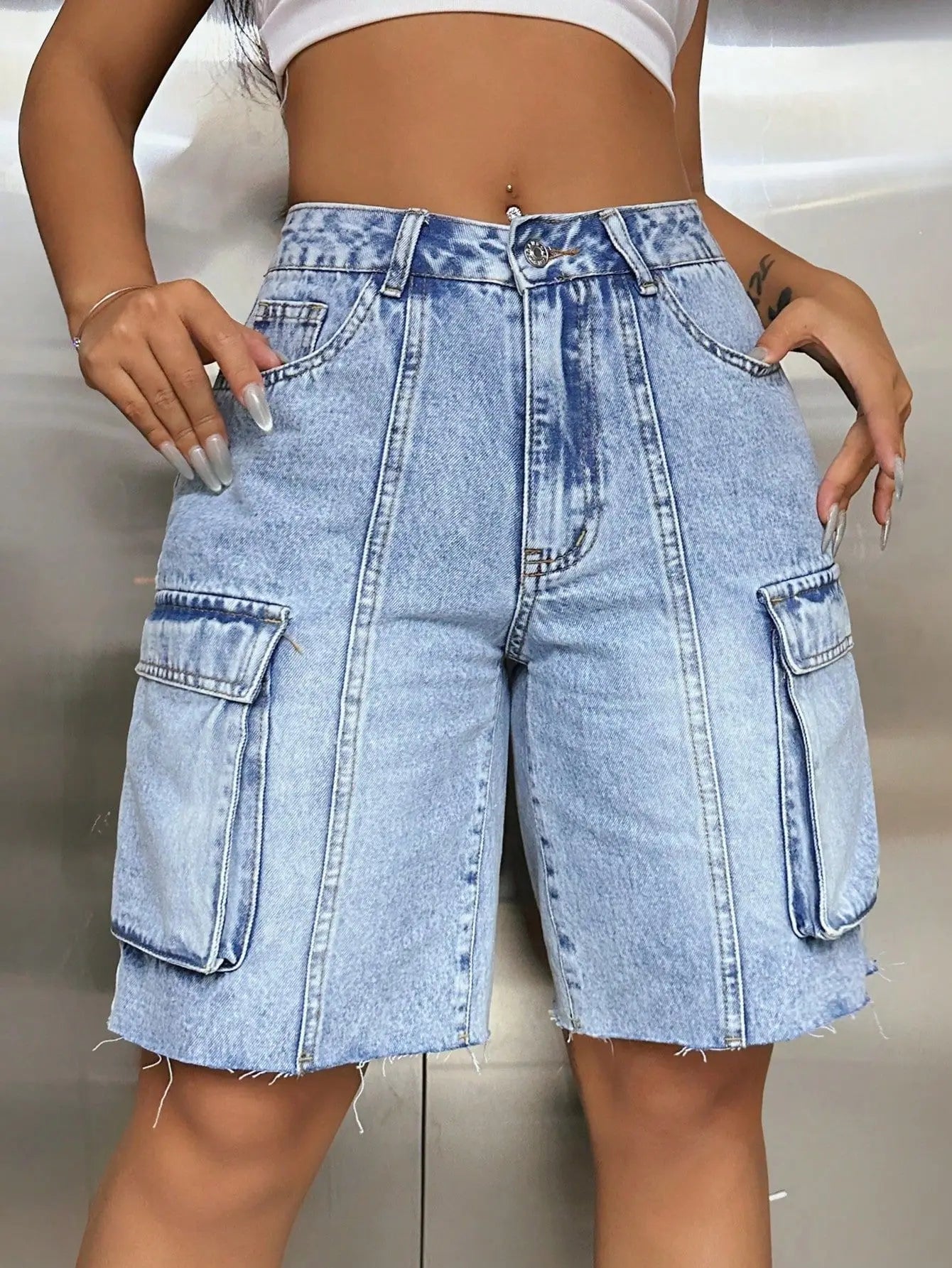 Women's High Waist Big Pocket Loose Tooling Denim Shorts Baggy Jeans Women