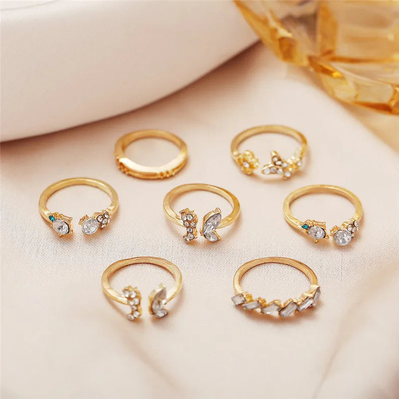 Modyle Bohemian Style New Ring Set Gold Color Love Butterfly Star Moon Set Crystal Wedding Rings for Women Girls Jewelry