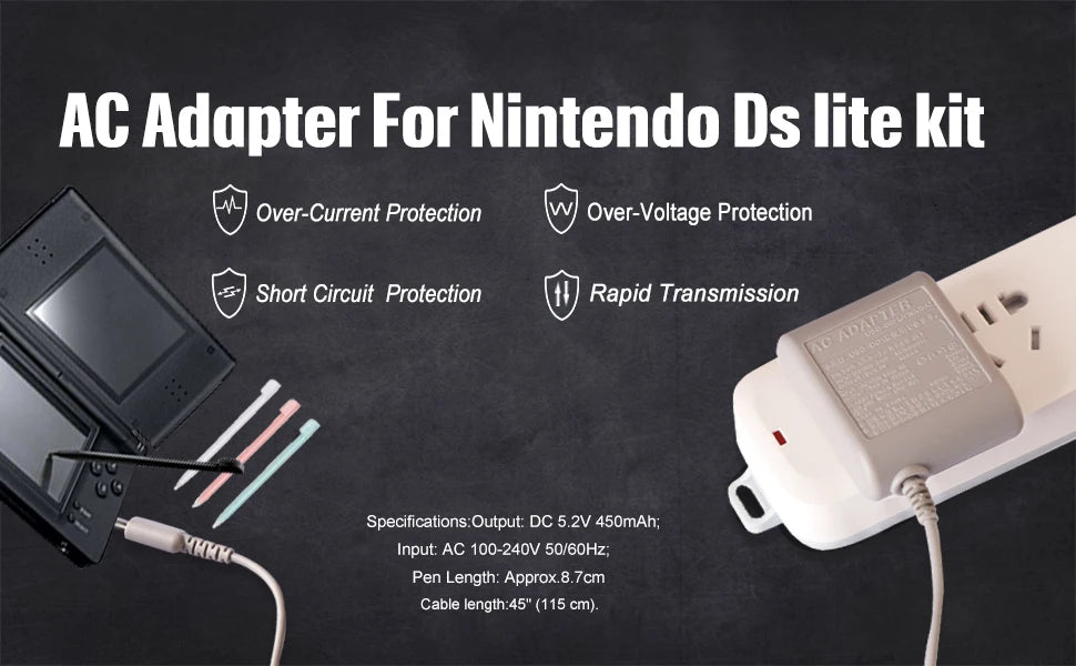 DS Lite Charger Kit, AC Power Adapter Charger and Stylus Pen for Nintendo DS Lite Systems Wall Travel Charging Cable 5.2V 450mA