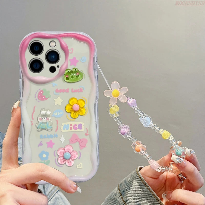 Kuromi Rabbit Phone Case For Samsung Galaxy A10S A71 A72 A73 F04 F12 F54 M04 M12 M22 M32 M54 5G Flowers Wrist Strap Curly Cover