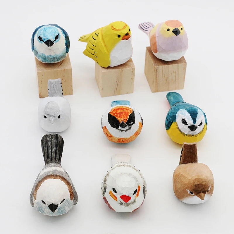 Cute Wooden Bird Figurine Ornaments Painted Hand Carved Wood Birds Statue Carving Animals Miniature Crafts Table Decorate Gifts