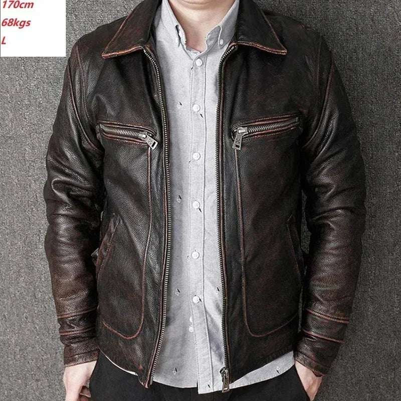 Classic Men Cowhide Coat Natural 's Genuine Leather Jacket Vintage Style Real Clothes Clothing Calf Skin