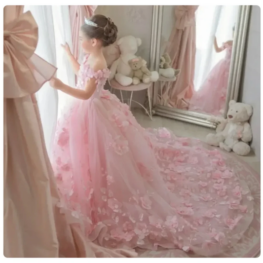 Pink luxury Flower Girl Dresses Tulle Flowers Fluffy trailing For Wedding Birthday Banquet Princess Communion Gowns